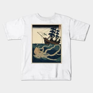 Giant Squid Attacking A Ship Kids T-Shirt